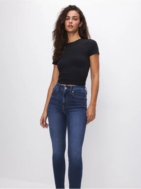 Good American Dark Blue High-Rise Skinny Jeans Size 12/31 raw hem with fringe